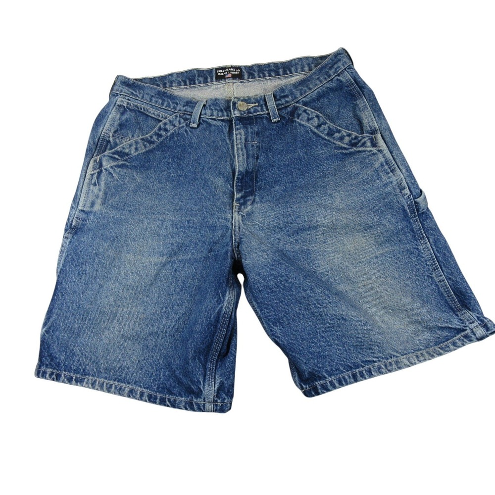Polo Jeans Carpenter Shorts 34 x 10 Blue Denim Utility Wide Leg Vintage 90s